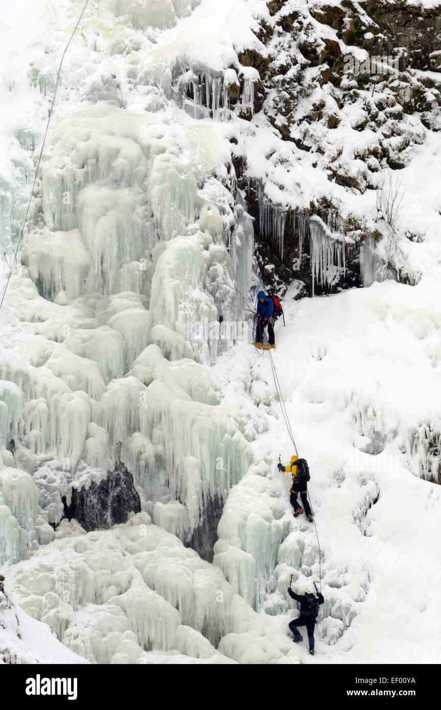 Arrampicata su ghiaccio su grigio mare della cascata di coda, Moffat Hills, Moffat Dale, Dumfries & Galloway, Scozia Foto Stock
