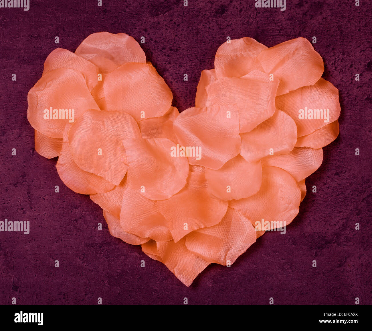 Cuore di petali di rosa sul tessile grunge sfondo marsala Foto Stock