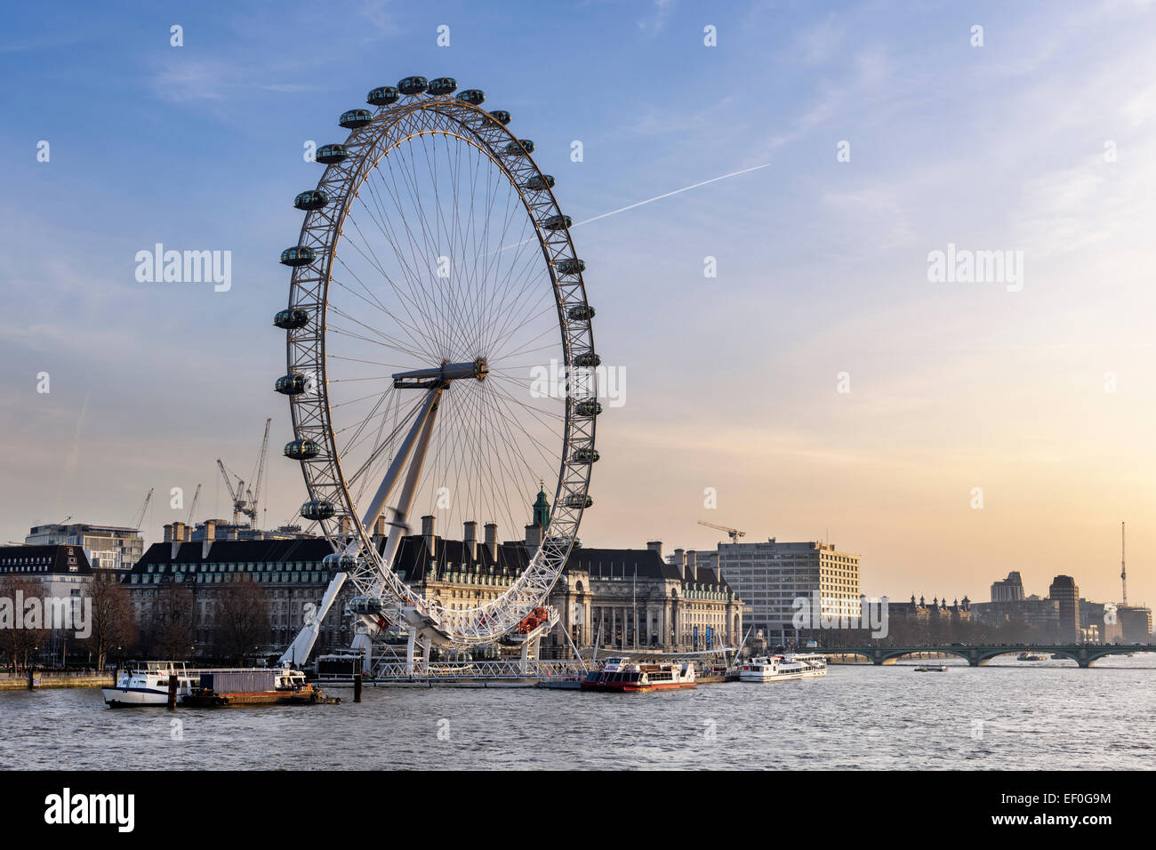 Vista del London Eye attraverso il fiume Tamigi. Foto Stock