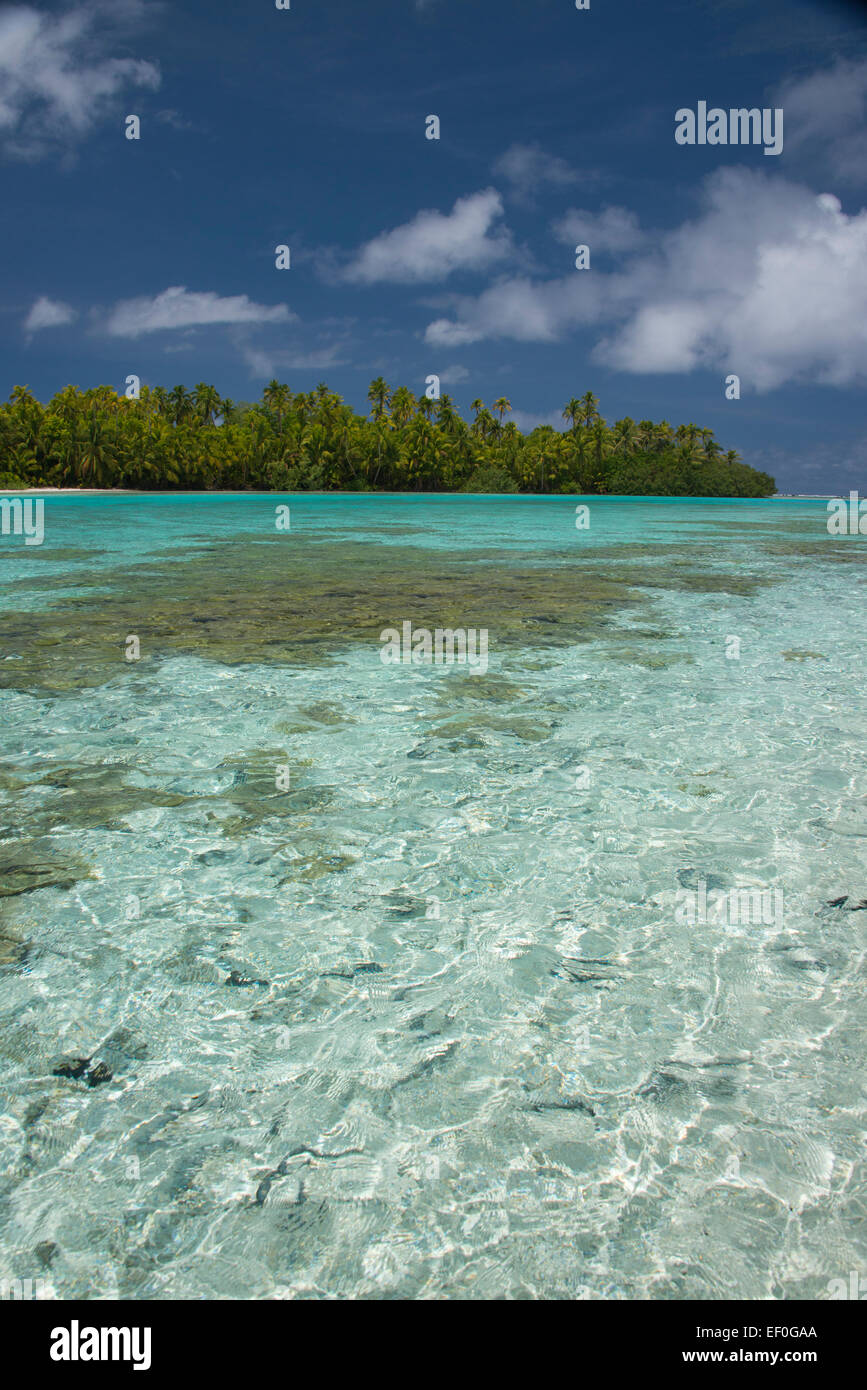 Isole di Cook, Aitutaki (aka Araura). Un piede Island, un piccolo 'motu' isolotto o nel sud-est della laguna. Foto Stock