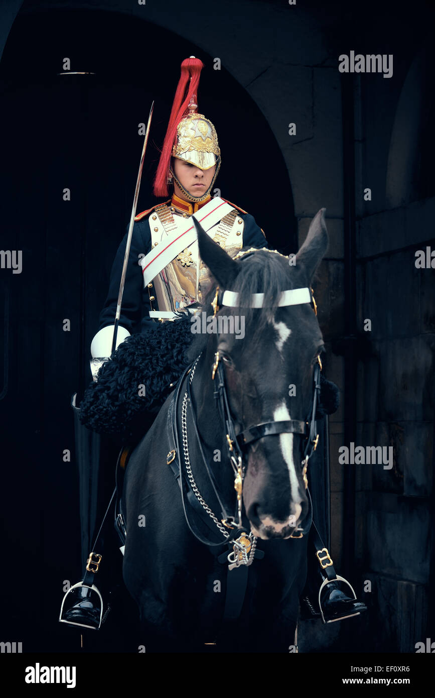 LONDON, Regno Unito - Sep 27: Trooper di Blues e Royals su cavallo al horse guard parade il 27 settembre 2013 a Londra, Regno Unito. Il Blues e il Royals è uno dei due più alti reggimenti dell'Esercito britannico Foto Stock