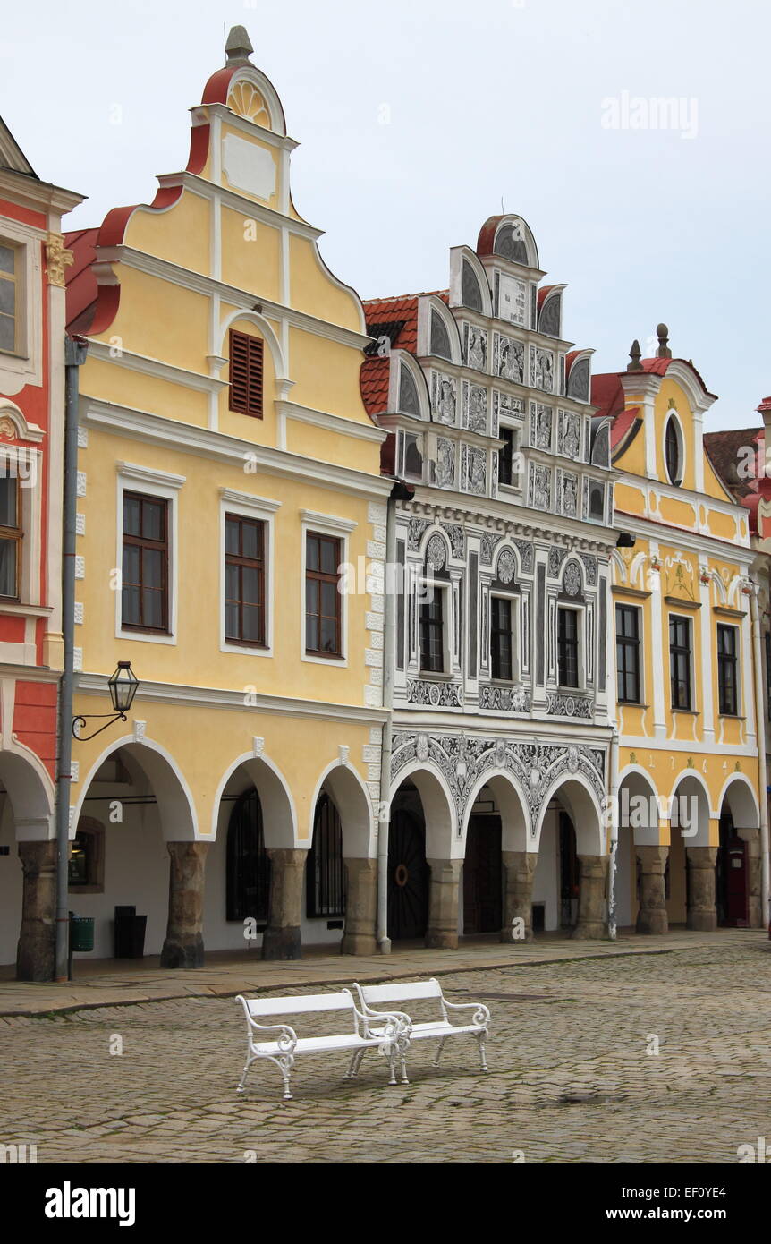 Case rinascimentali nella piazza principale di Telc, Repubblica Ceca Foto Stock