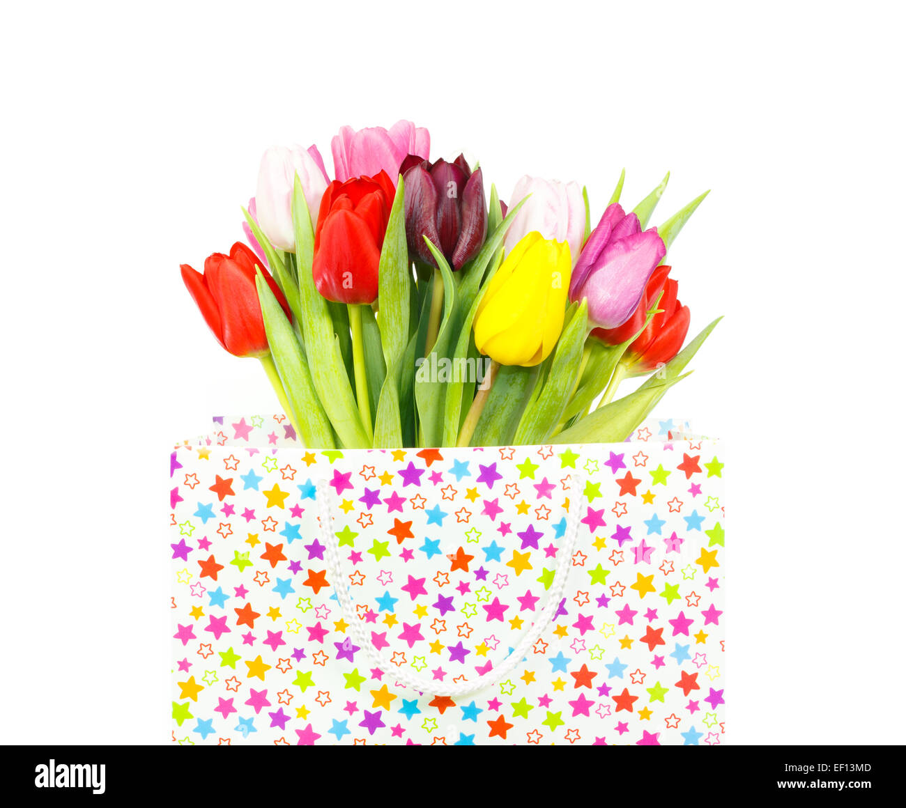 Bouquet di tulipani colorati in una borsa regalo isolato su bianco Foto Stock