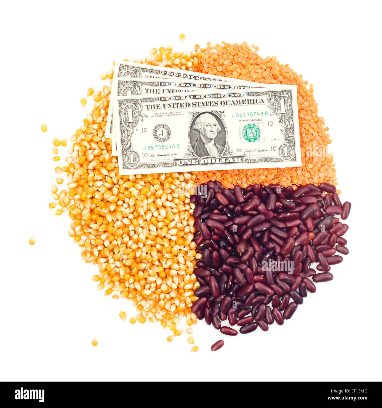 Grafico a torta di mais, lenticchie, fagioli bianchi e dollaro banconote in cima isolata su bianco Foto Stock