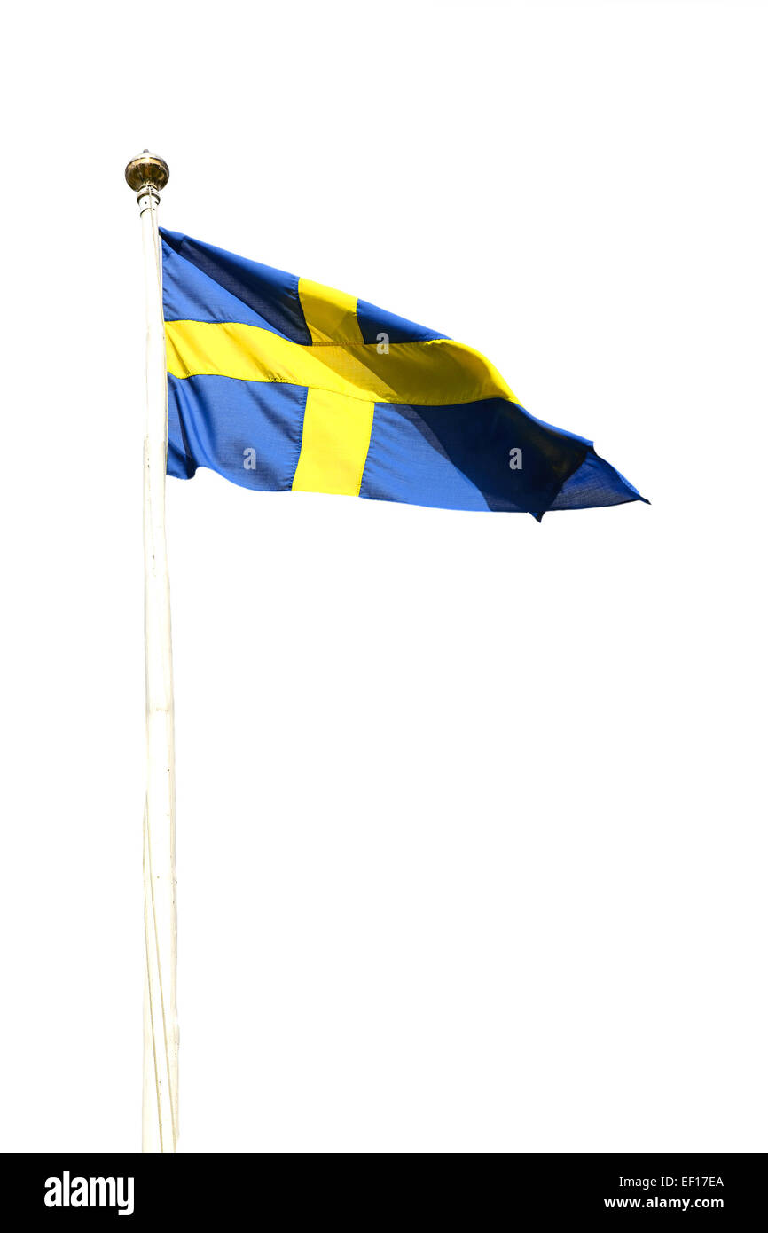 Bandiera svedese battenti in blu con croce gialla isolato su bianco. Foto Stock