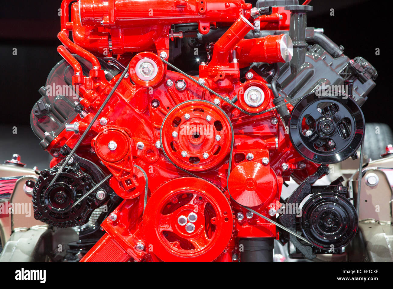 Detroit, Michigan - La Nissan Titan XD motore sul display al North American International Auto Show. Foto Stock
