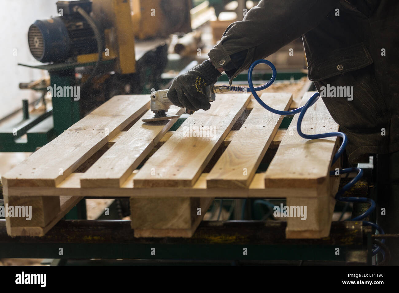 La lucidatura del pallet di legno su una linea di produzione Foto Stock