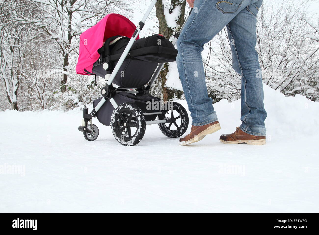 Un padre con il suo bambino in un buggy su una pista innevata Foto Stock