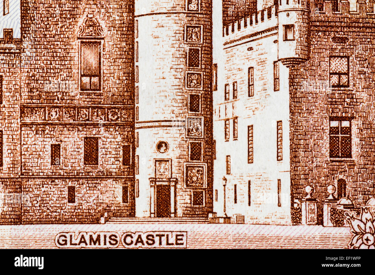 Macro close up close-up di retro di una SRB £10 pound nota mostra Glamis Castle Foto Stock