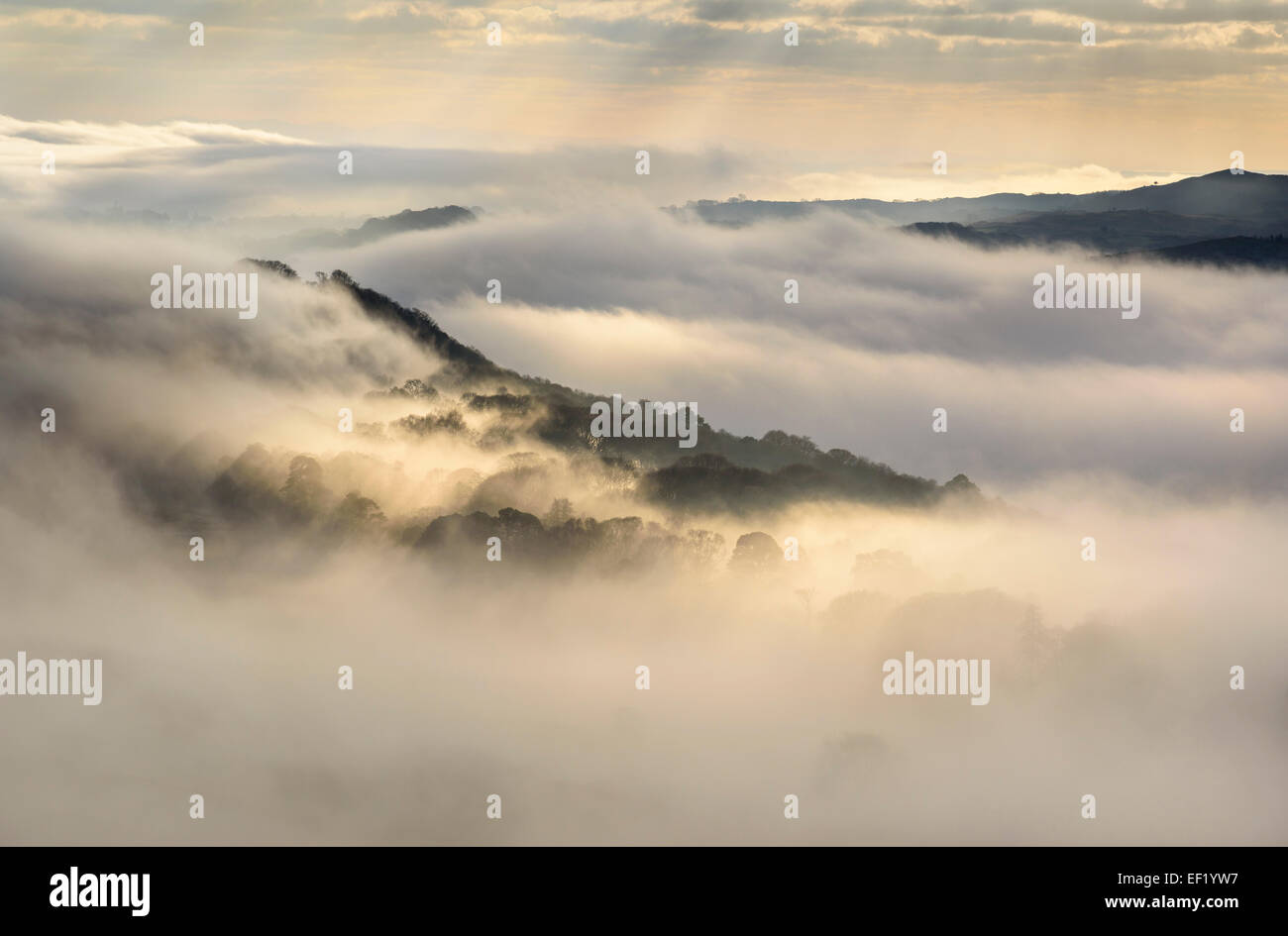 Mist & bassa nube su Doon di Castramont e la Valle della flotta, Gatehouse of Fleet, Dumfries & Galloway, Scozia Foto Stock