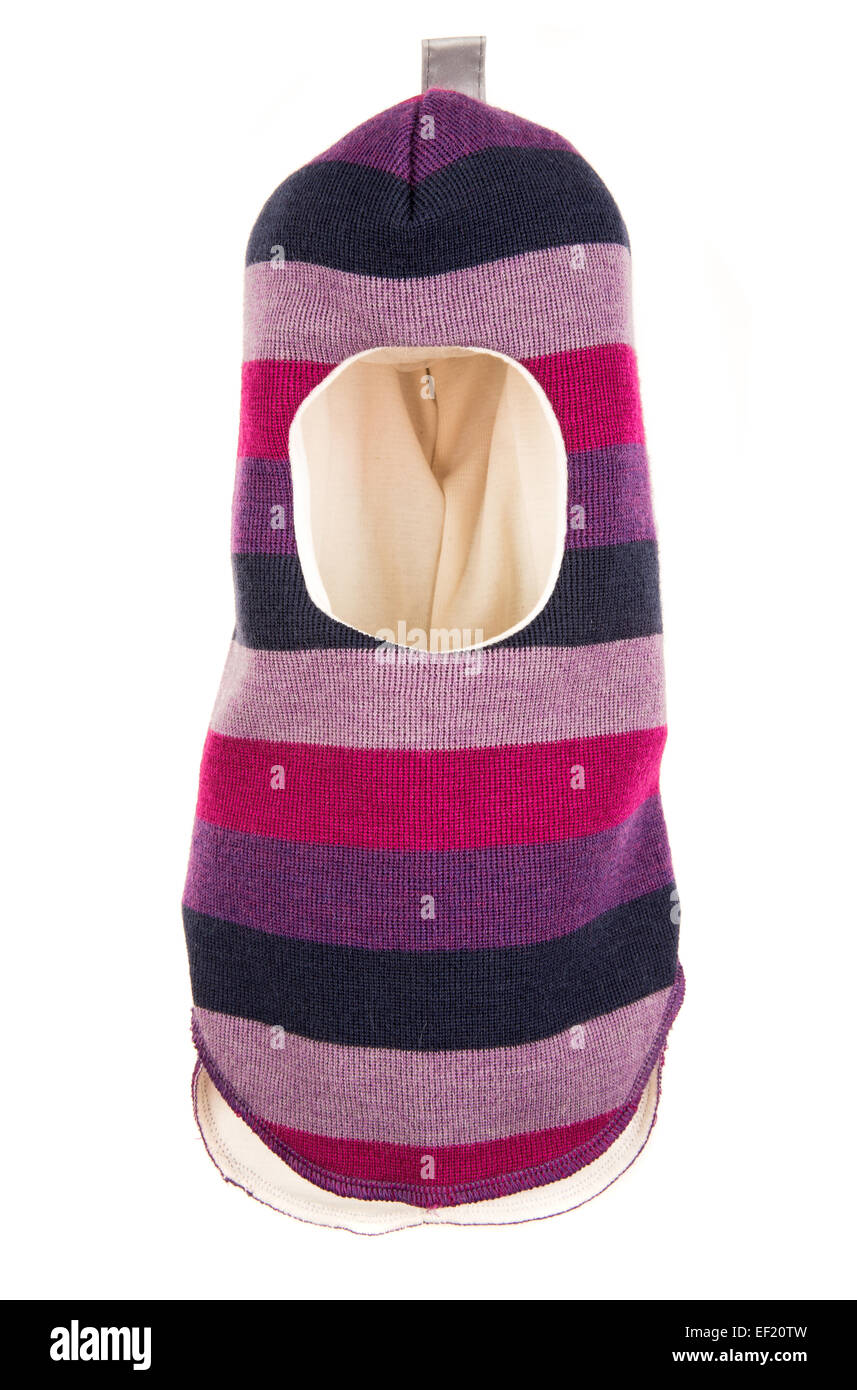 Bambino un foro della maschera da sci, winter hat casco isolato su uno sfondo bianco. Foto Stock