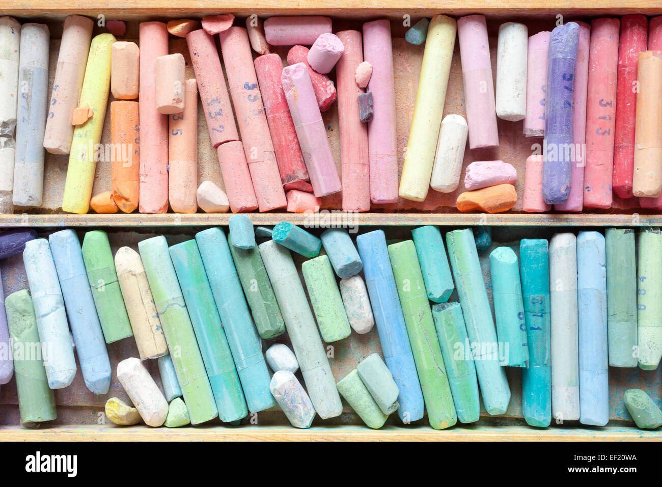 Matite di colore pastello in legno scatola artistica closeup, vista dall'alto. Foto Stock