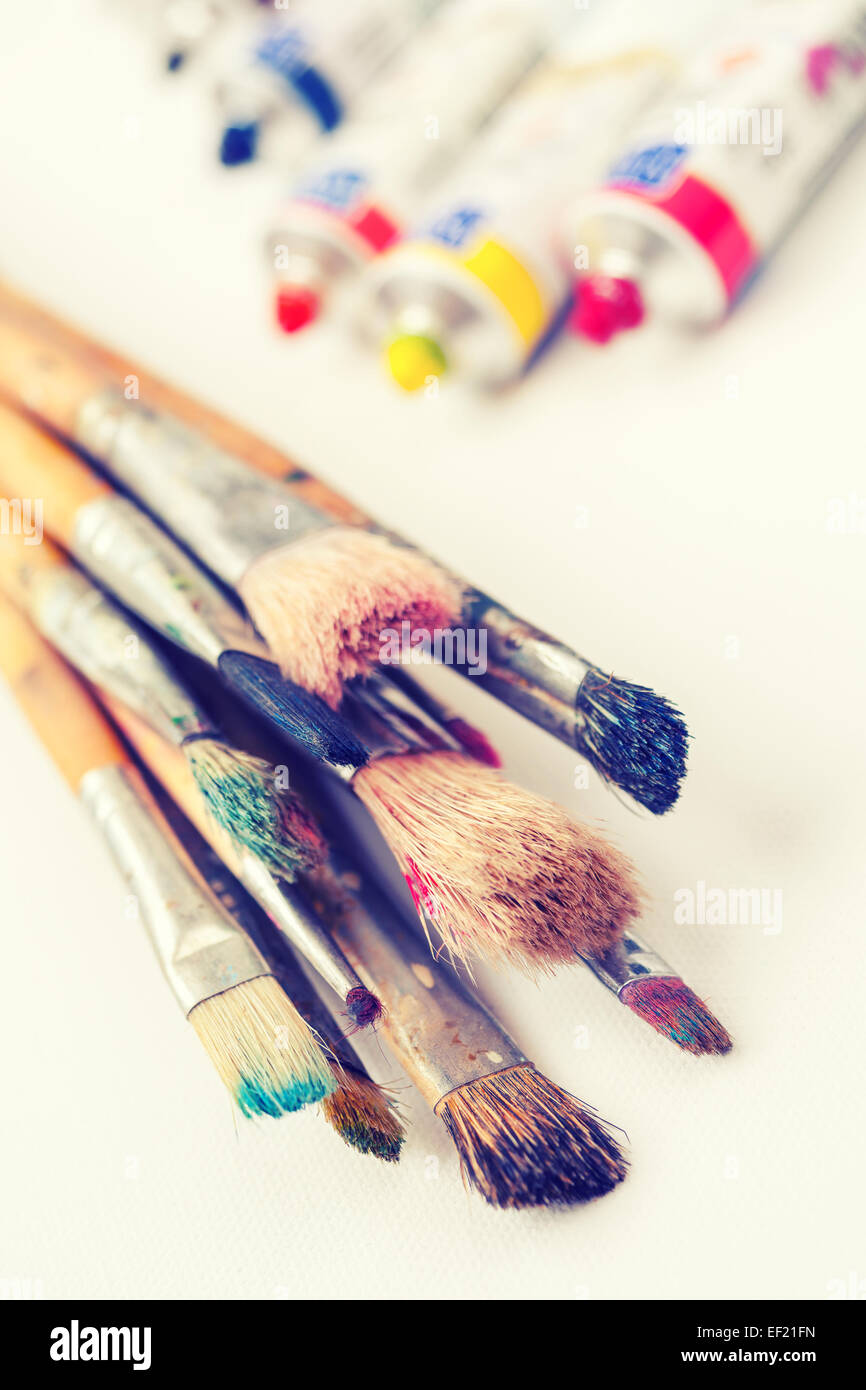 Pennelli closeup e olio multicolore tubi di vernice su bianco artist canvas Foto Stock