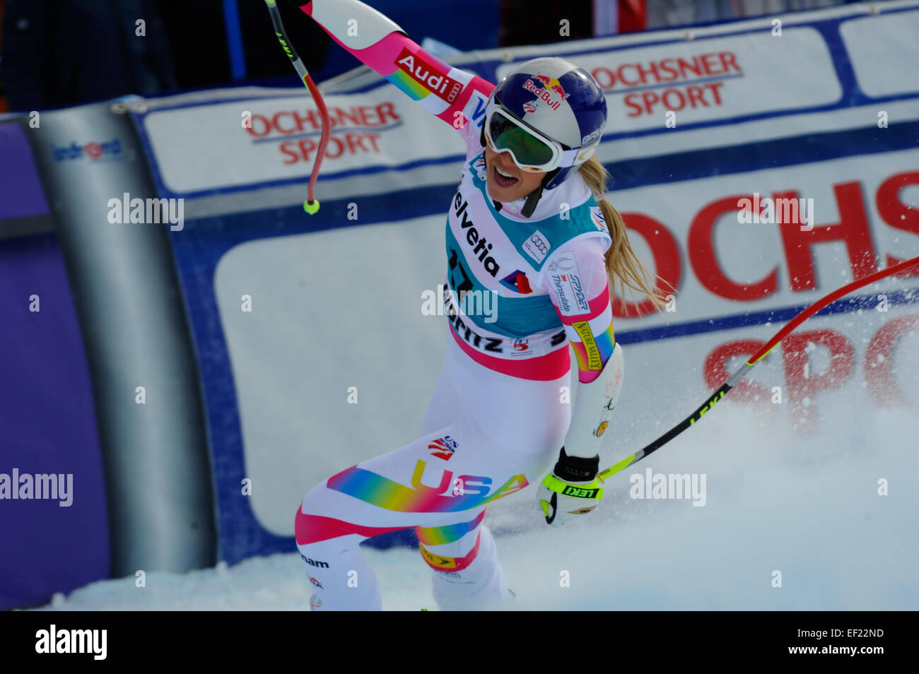 San Moritz, Svizzera. Il 25 gennaio 2015. Lindsey Vonn degli STATI UNITI D'AMERICA compete durante l'Audi FIS Coppa del Mondo di sci femminile super g di San Moritz Foto Stock