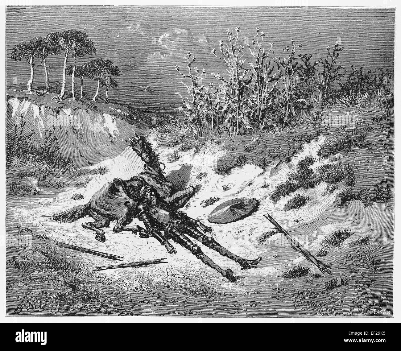 Don Quijote, giacente a terra accanto a Rocinante Foto Stock Don Quijote, giacente a terra accanto a Rocinante Foto Stock