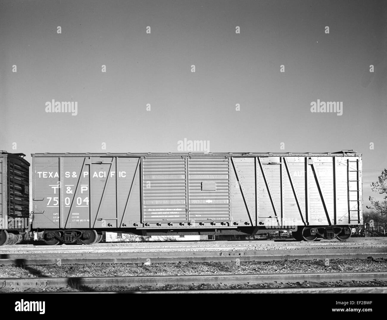 Un vagone merci a due porte 75004 della Texas & Pacific Railway Company. Questo tipo di autocarri era essenziale per il trasporto di merci di grandi dimensioni, fornendo un facile accesso ed efficienza nel trasporto merci attraverso la rete ferroviaria. Foto Stock