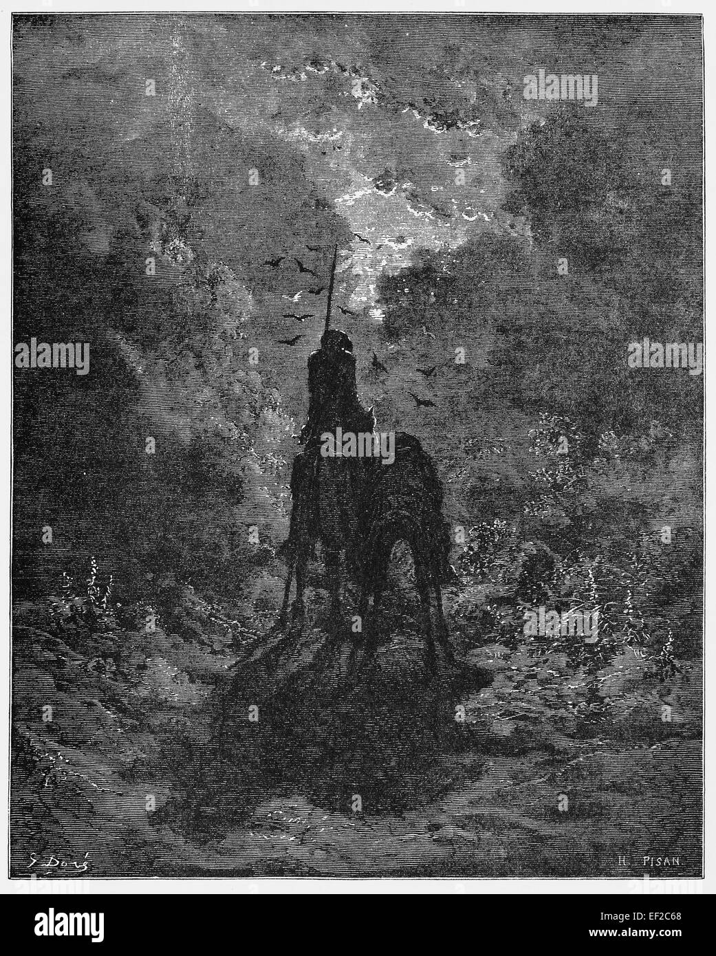 Don Quijote su Rocinante, Sancho sui pali in Sierra Morena Foto Stock Don Quijote su Rocinante, Sancho sui pali in Sierra Morena Foto Stock