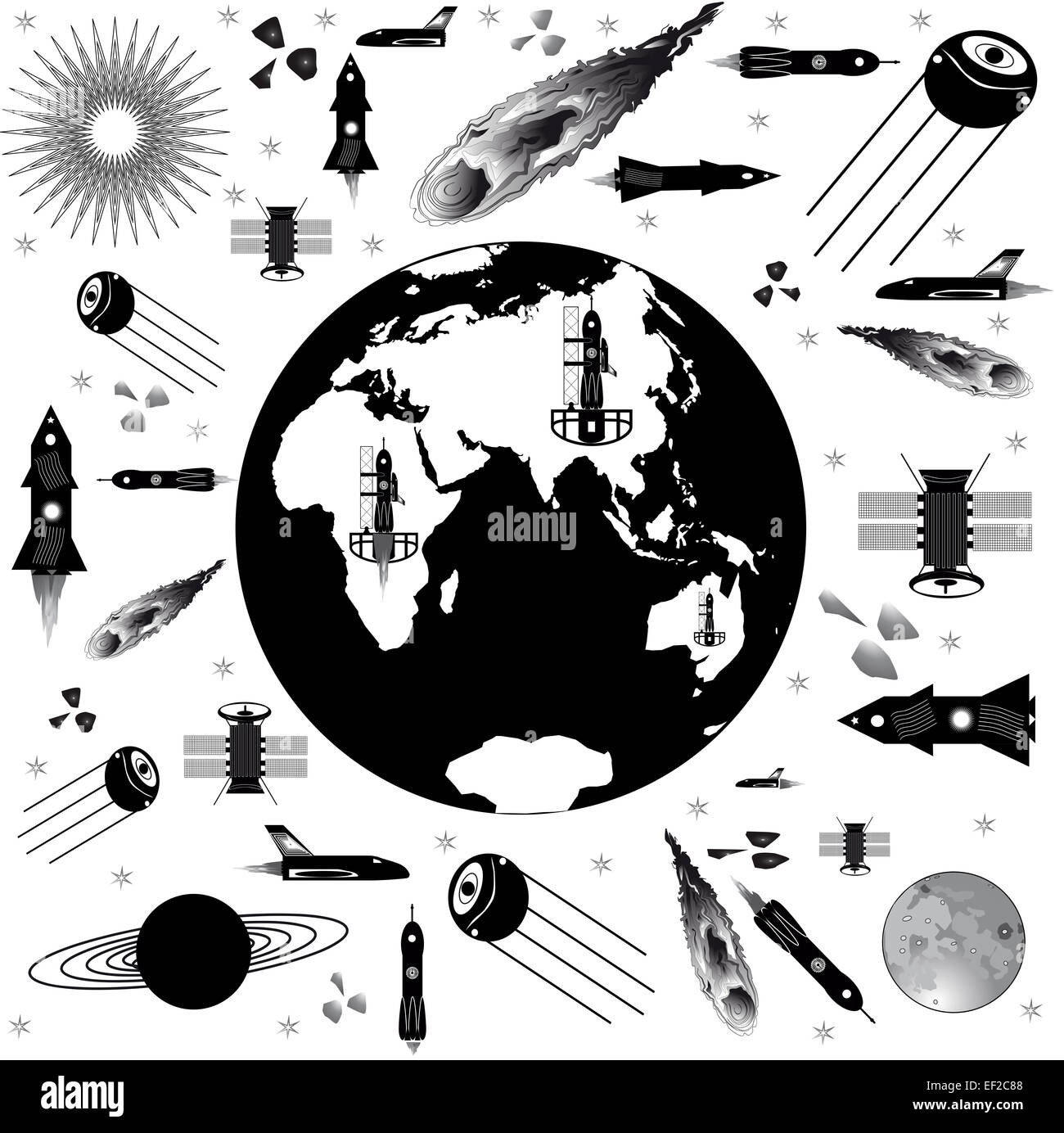Il volo spaziale in orbita intorno alla terra di una foto in bianco e nero Foto Stock