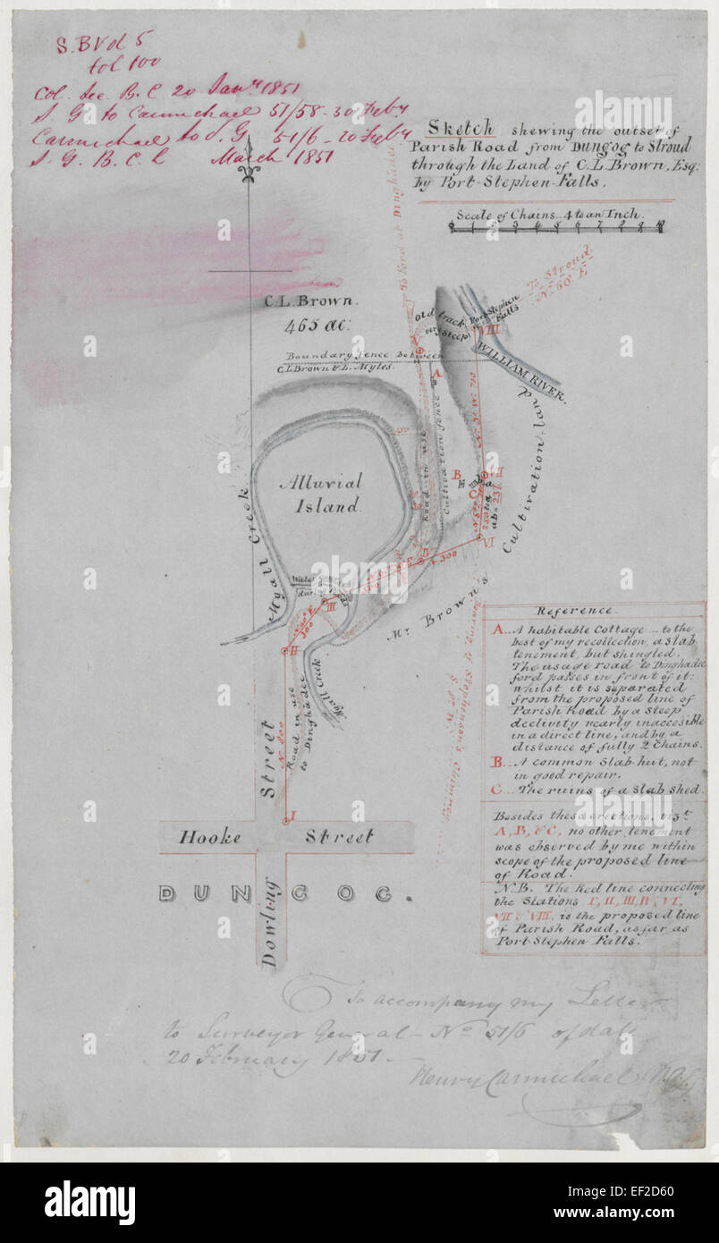 Uno schizzo storico che mostra l'inizio di Parish Road, da Dungog a Stroiud, attraverso la terra di C.L. Brown vicino a Port Stephen Falls, registrato da un geometra. Foto Stock