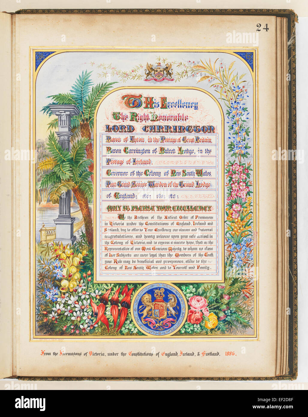 Un discorso storico presentato a Lord Carrington, governatore del nuovo Galles del Sud, dai massoni di Victoria nel 1886. Questo documento evidenzia la presentazione formale dei messaggi dell'organizzazione massonica. Foto Stock