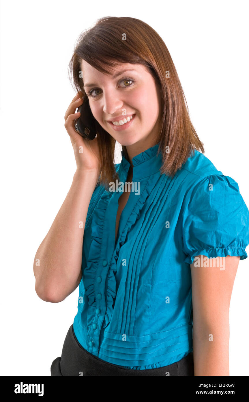 Donna che parla sul telefono cellulare Foto Stock