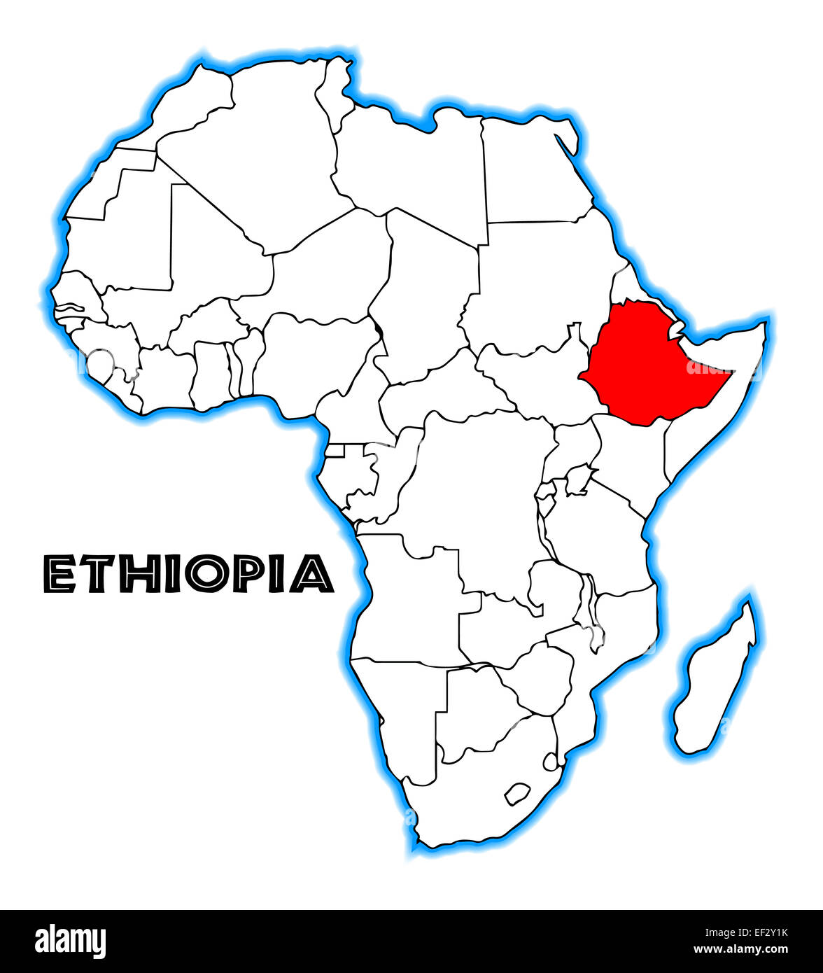 Etiopia delineare inset in una mappa di Africa su uno sfondo bianco Foto Stock