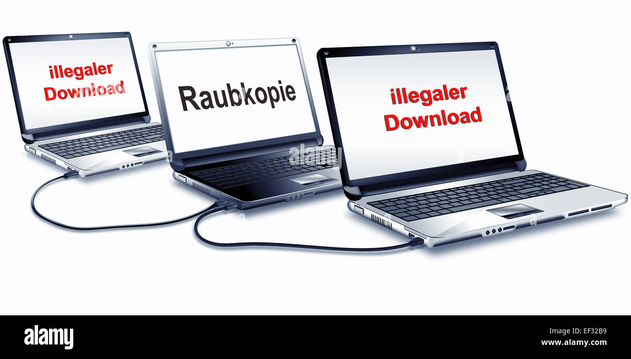 Tre laptop con etichette "illegaler scaricare' e 'Raubkopie', tedesco per "download illegali' e 'copia pirata', illustrazione Foto Stock