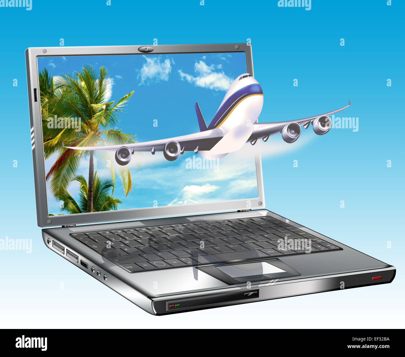 Computer portatile con un aereo di passeggero, online prenotazione di viaggi, illustrazione Foto Stock