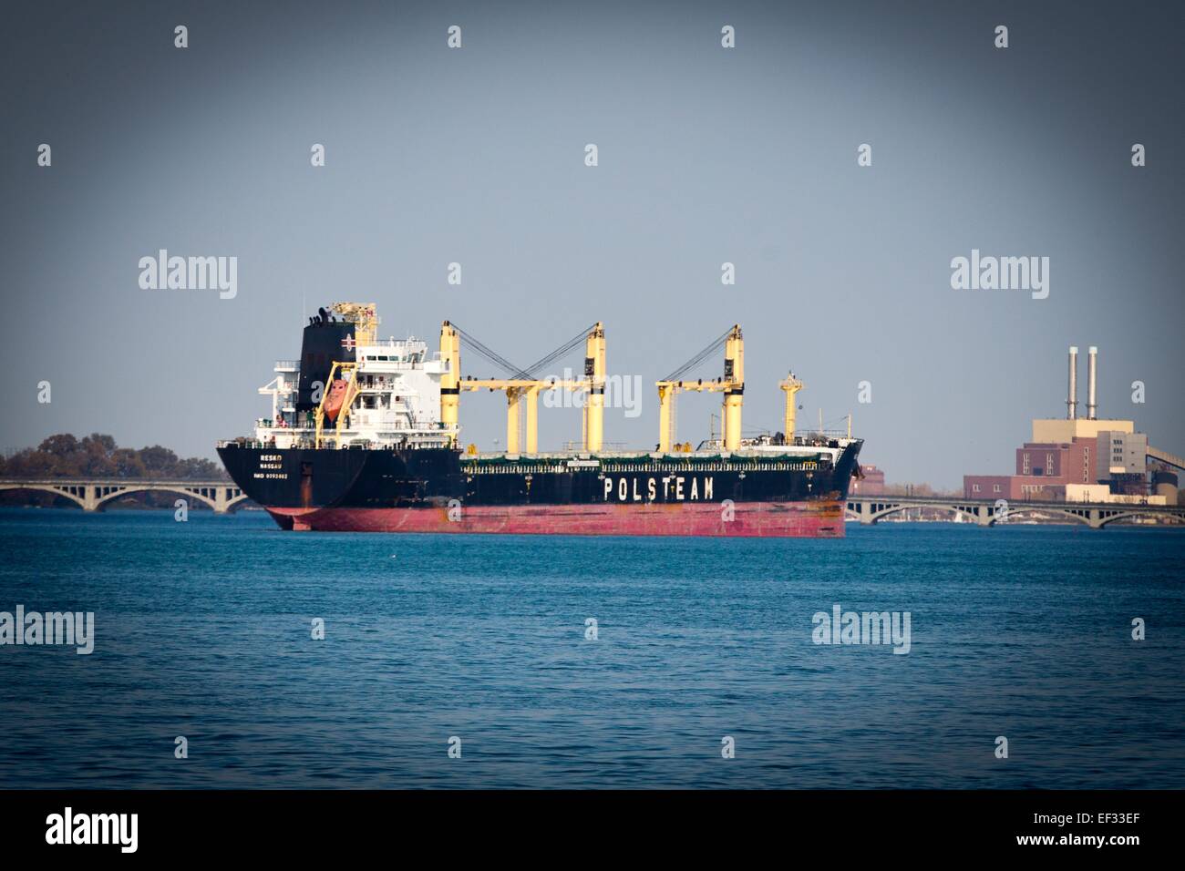 190m lunghezza bulkcarrier Resko di Polsteam, Fiume Detroit, Detroit, MI, Stati Uniti d'America, 25 ottobre 2014. Foto Stock