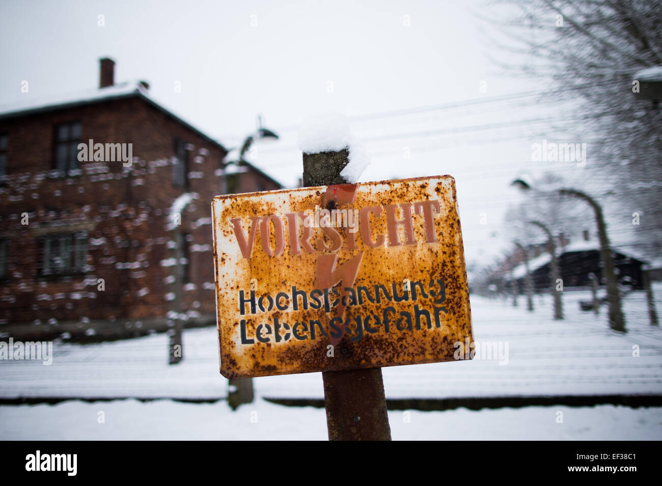 Dettaglio dell'ex Nazi-German concentrazione e campo di sterminio di Auschwitz KL ho in vista delle prossime settantesimo anniversario della liberazione del campo di Oswiecim, Polonia, 26 gennaio 2015. Foto: Rolf Vennenbernd/dpa Foto Stock