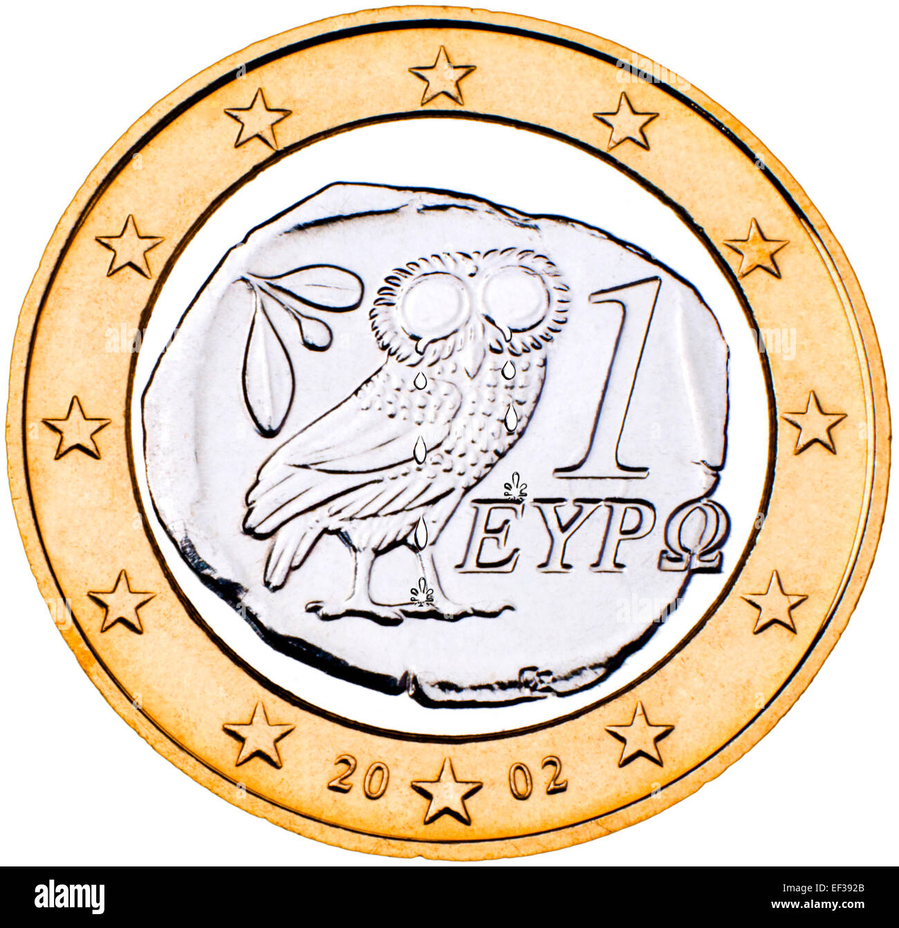 Greco 1 Euro moneta (retromarcia) con il gufo di piangere Foto Stock
