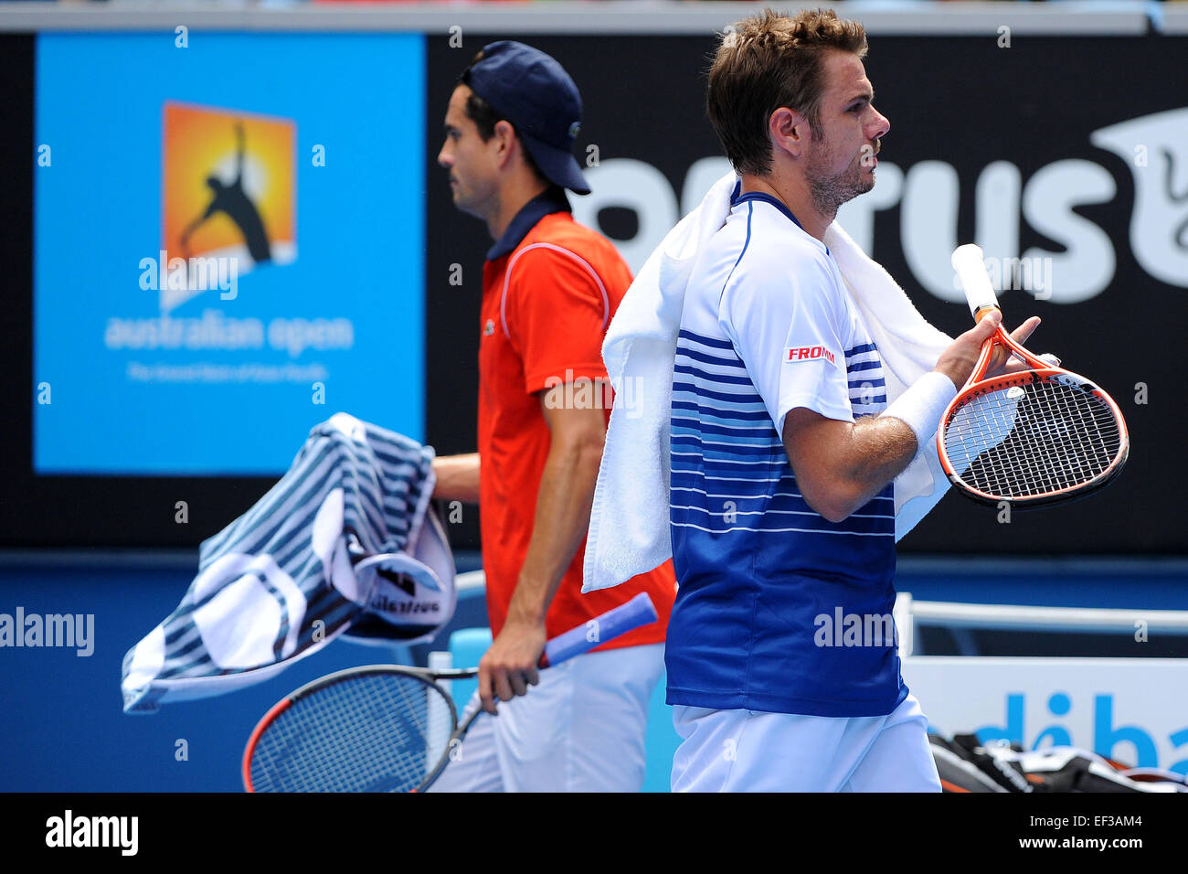 Melbourne, Australia. 26 gen, 2015. Australian Open di Tennis campionati. Guillermo Garcia Lopez (ESP) e Stanislas Wawrinka (SUI) Credito: Azione Sport Plus/Alamy Live News Foto Stock