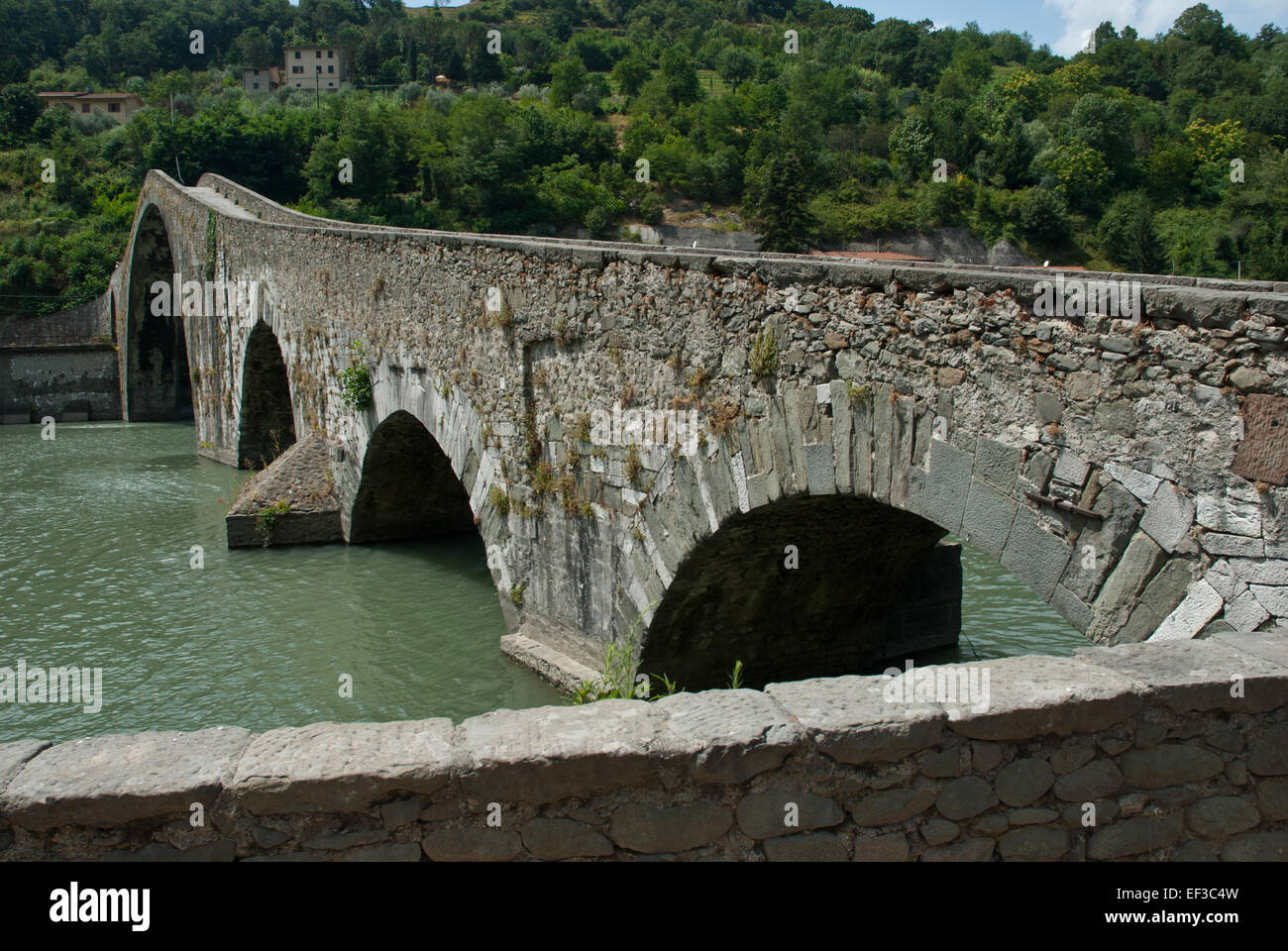Questa fotografia cattura il Ponte della Maddalena, noto anche come Ponte del Diavolo, dal lato orientale dell'Italia, durante l'estate del 2012. Il ponte, noto per il suo design unico e iconico ad arco, è una struttura storica significativa in Toscana. Foto Stock