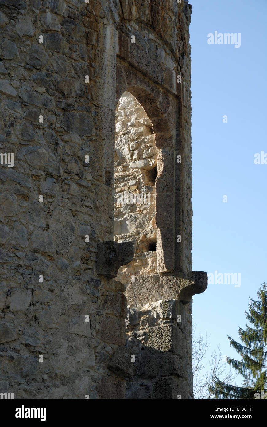 "Schlossruine Thaur" è un dipinto storico che raffigura le rovine del castello di Thaur, che offre uno sguardo sul passato medievale della regione del Tirolo in Austria. La scena cattura il significato storico della fortezza e il suo stato decadente. Foto Stock