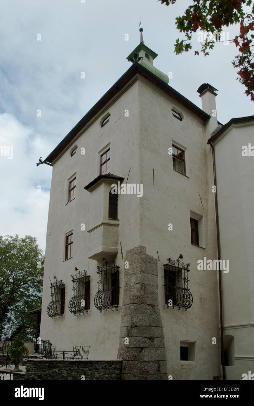 L'immagine mostra il lato meridionale dello Schloss Aschach, un castello storico situato in Austria. Conosciuto per la sua architettura classica, il castello ha una ricca storia legata all'aristocrazia locale e al patrimonio regionale. Foto Stock
