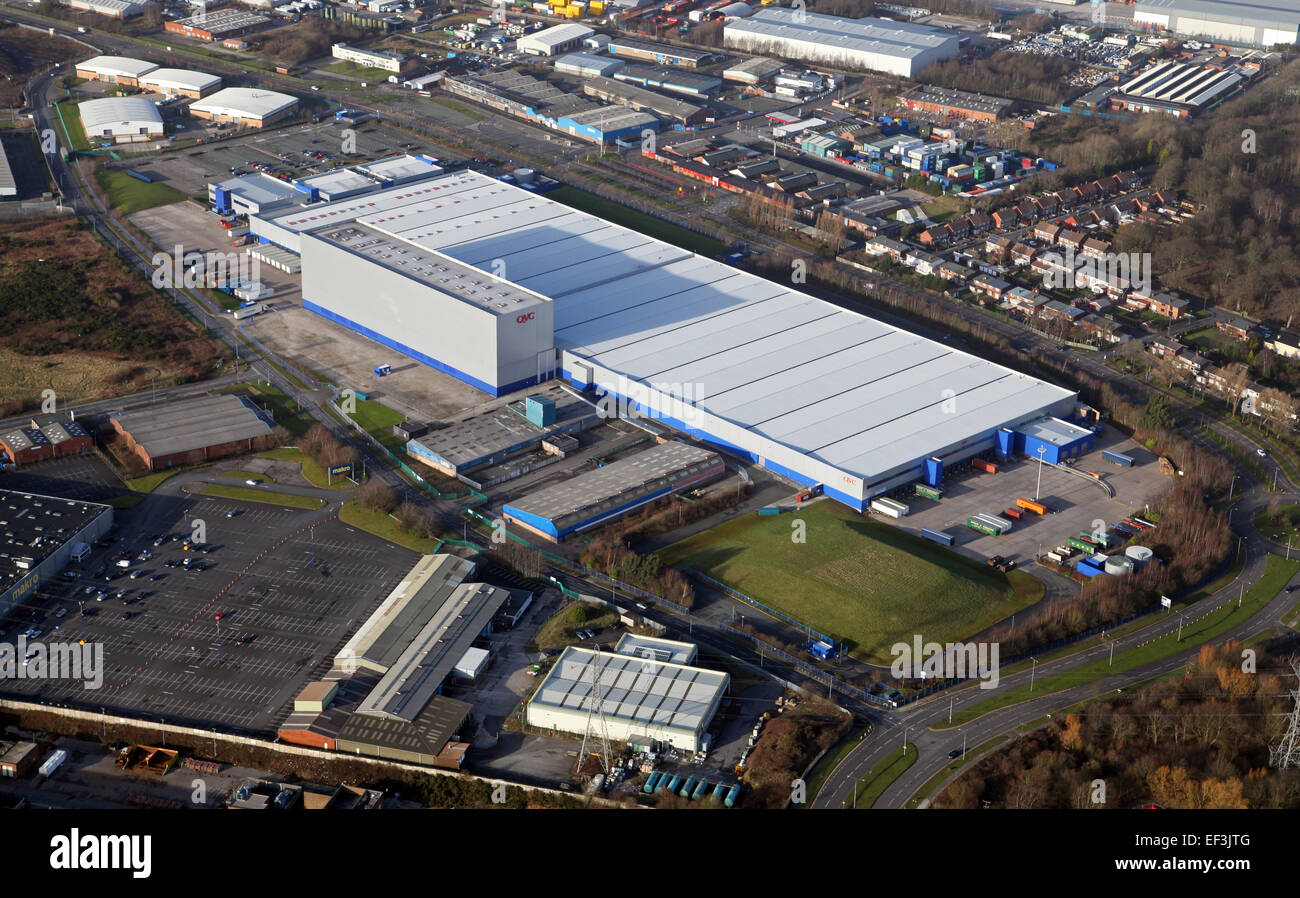 Vista aerea del magazzino QVC a Knowsley, Merseyside Foto Stock