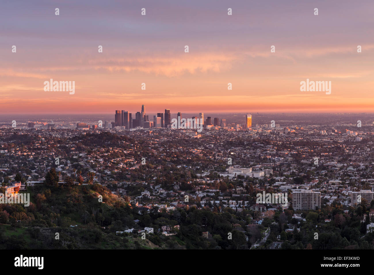 Ultimi raggi di luce del pomeriggio illuminare il centro cittadino di Los Angeles, California. Foto Stock