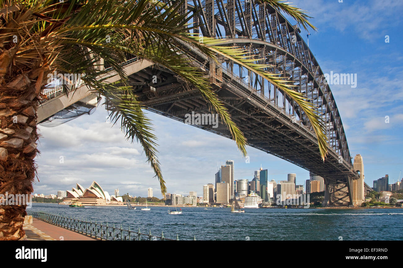 Il Sydney Harbour Bridge, la Sydney Opera House e i grattacieli del quartiere centrale degli affari / CBD, Nuovo Galles del Sud, Australia Foto Stock