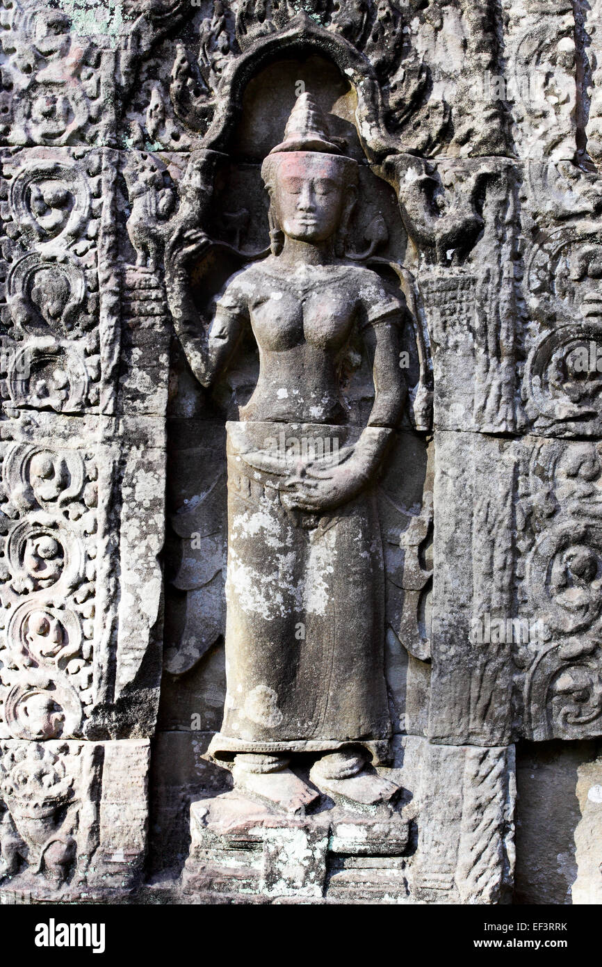 Il Khmer stone carving in Angkor Wat, Cambogia Foto Stock