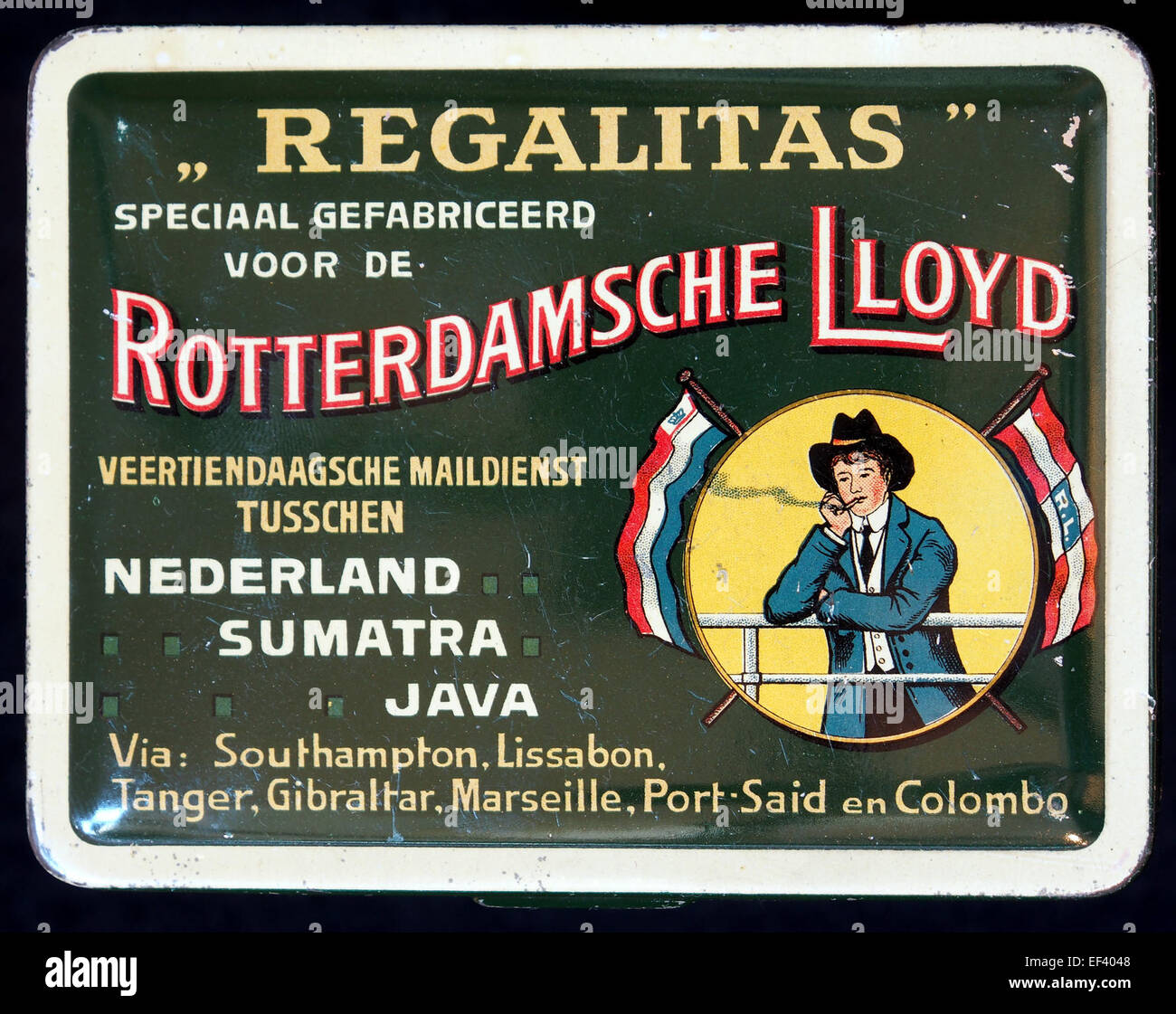 Regalitas speciaal gefabriceerd voor de la Rotterdamsche Lloyd sigarenblikje Foto Stock