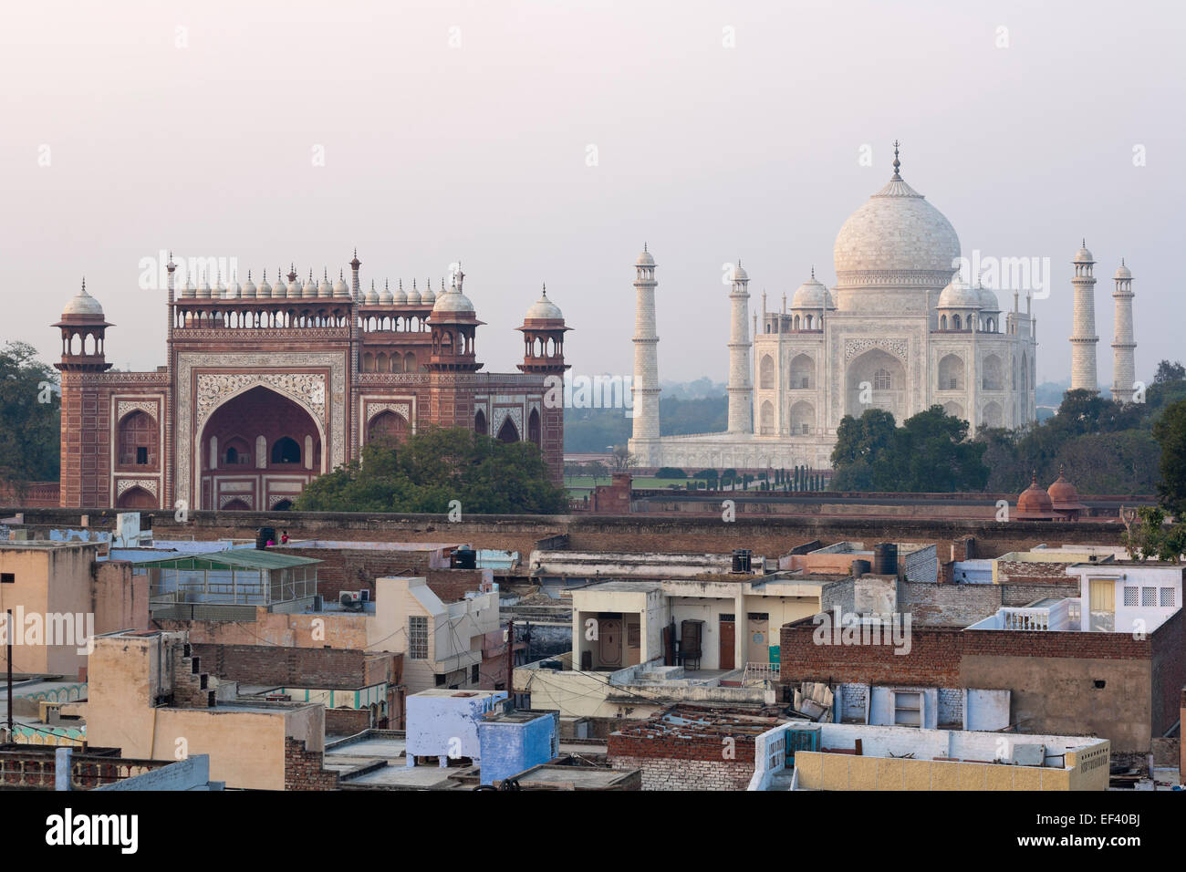 Agra, Uttar Pradesh, India, Asia del Sud. Taj Mahal e moschea viste attraverso i tetti del Taj Ganj quartiere Foto Stock