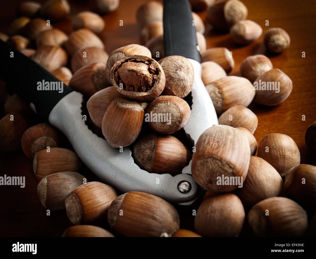 Vista ingrandita di nocciole e pinze per l'apertura nutshell. Foto Stock