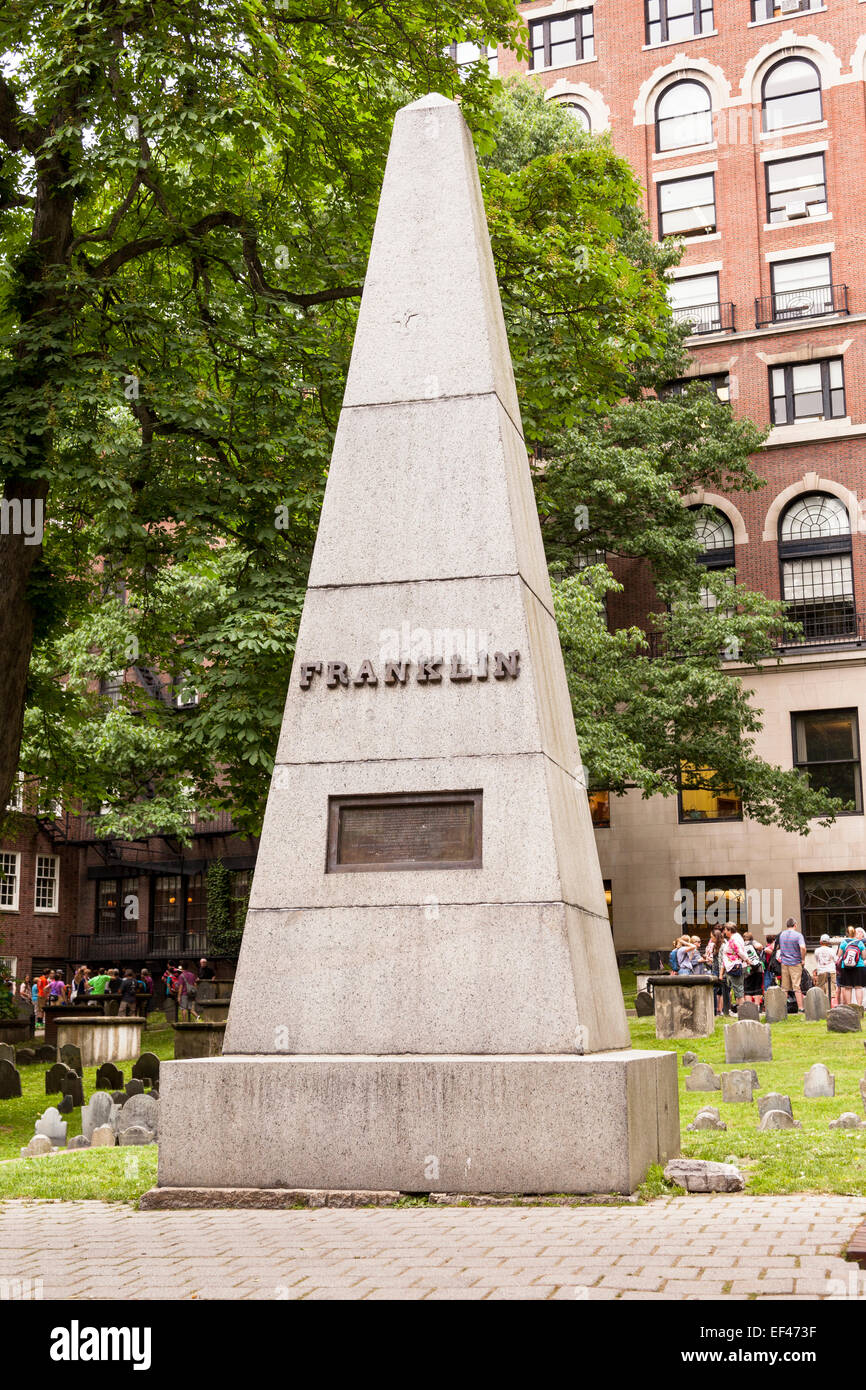 Oggetto contrassegnato per la rimozione definitiva di Giosia Franklin e sua moglie Abiah, vecchio granaio di seppellimento di massa, Tremont Street, Boston, Massachusetts, STATI UNITI D'AMERICA Foto Stock
