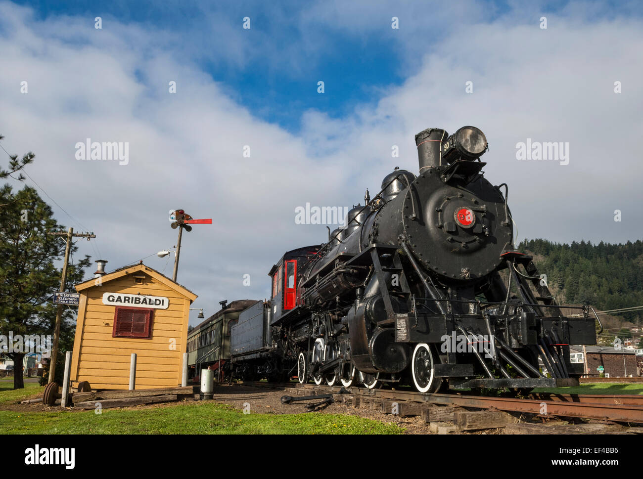 Oregon Coast Scenic Railroad storico motore a vapore a Garibaldi, Oregon. Foto Stock