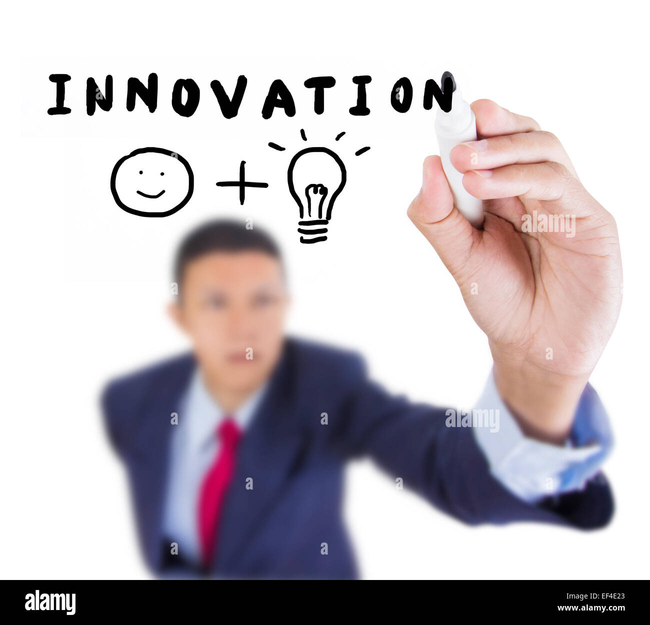 Pensare per costruire il concetto di innovazione di scrivere su whiteboard Foto Stock