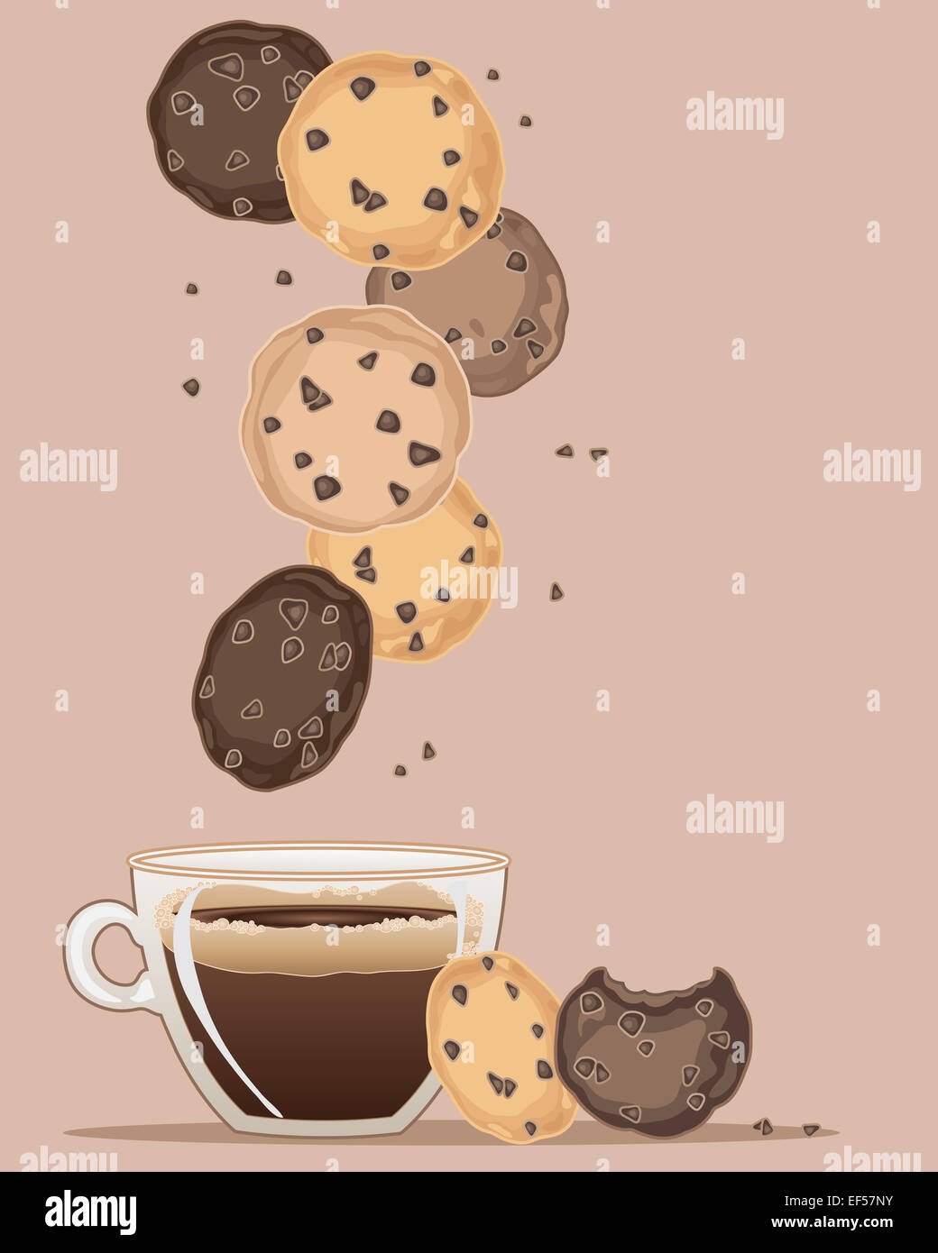 Una illustrazione di biscotti al cioccolato con una tazza di caffè e briciole su uno sfondo marrone Foto Stock