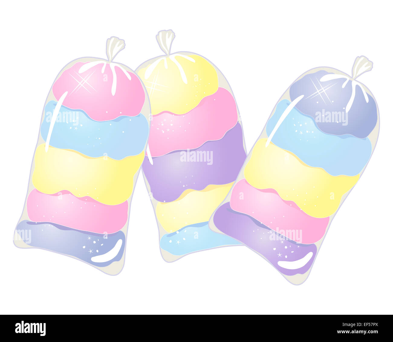 Una illustrazione di tre sacchi di cotone colorato candy in rosa viola blu e giallo su sfondo bianco Foto Stock