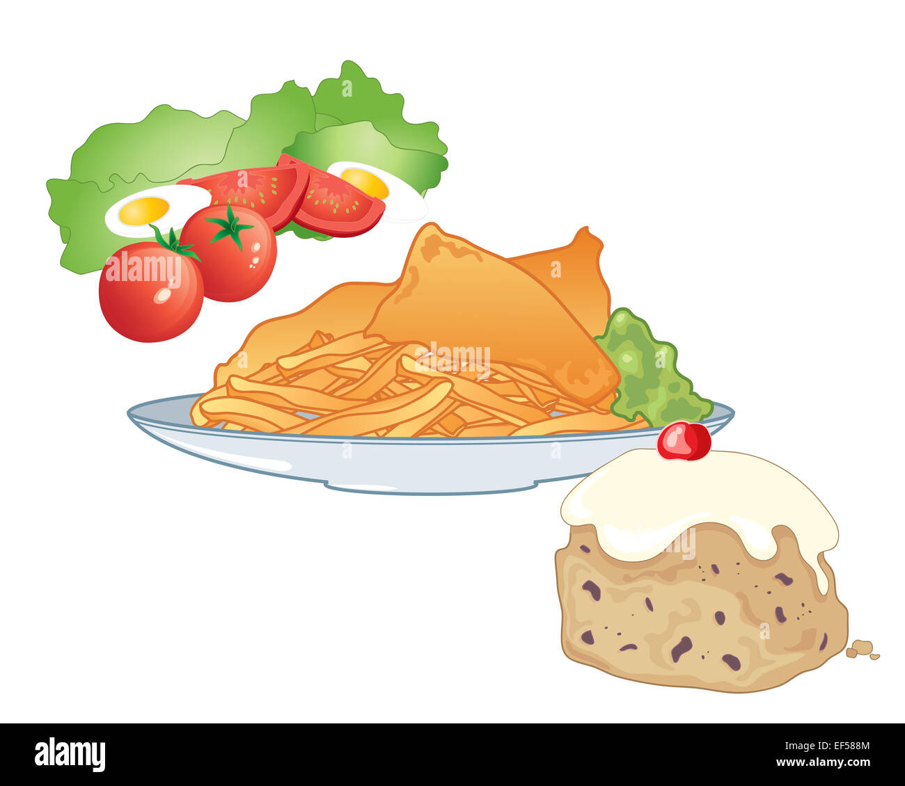 Una illustrazione di un pasto veloce insalata inclusa pesce e patatine e un panino ghiacciata per dessert su sfondo bianco Foto Stock