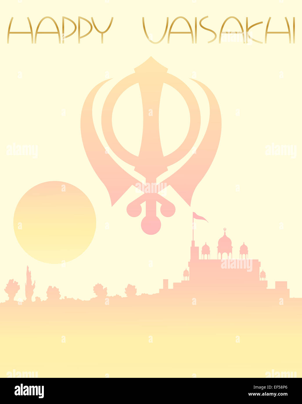 Una illustrazione di una festosa Vaisakhi biglietto di auguri con il tramonto gurdwara su un sfondo di limone Foto Stock