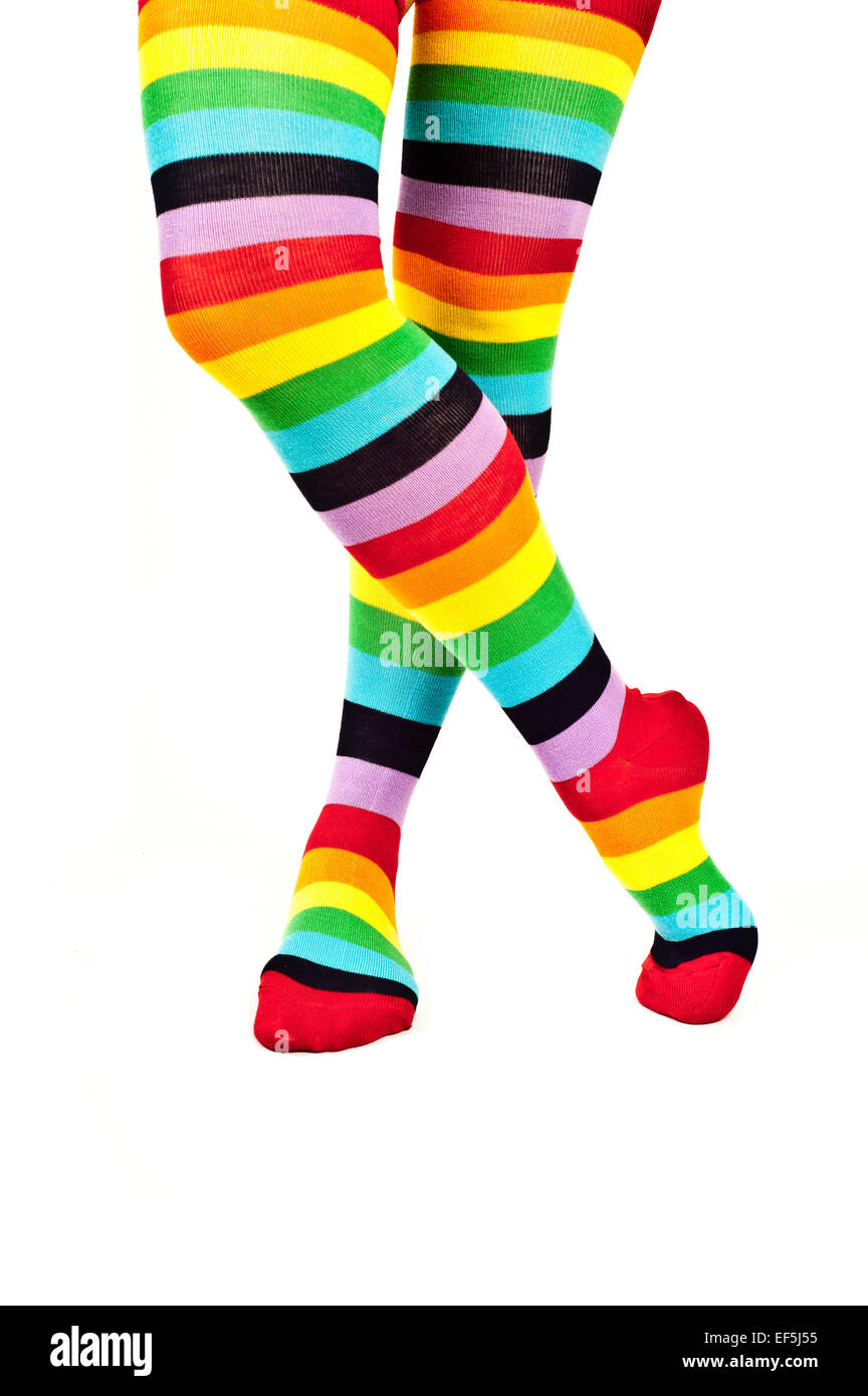 Donna gambe indossando arcobaleno colorato ad alta del ginocchio calze, isolato Foto Stock